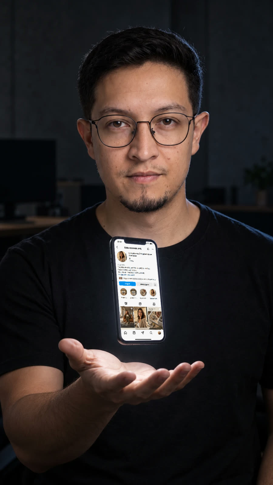 Imagem construída com IA: um celular flutuando sobre a mão